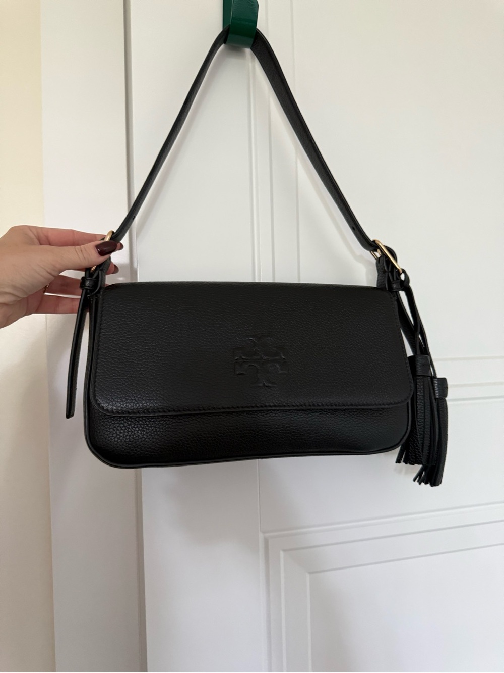 Tory Burch Black Pebbled Leather Shoulder Bag with Tassel